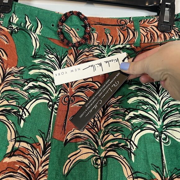 NWT Nicole Miller Linen Tropical Hawaiian Palm Beaded Belt Wide Leg Crop Pants M - Picture 4 of 7